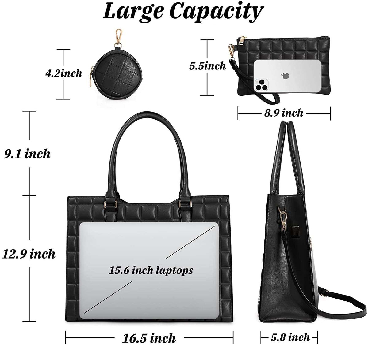 Laptop Tote Bag for Women in black waterproof PU leather with quilted pattern, includes handbag, purse, and small pouch.