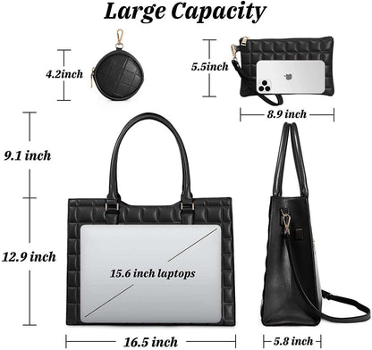 Laptop Tote Bag for Women in black waterproof PU leather with quilted pattern, includes handbag, purse, and small pouch.