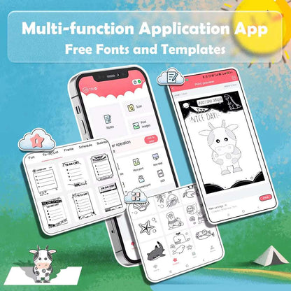 Mobile app interface on smartphones displaying various templates and fonts for use with a Portable Printer, colorful UI.