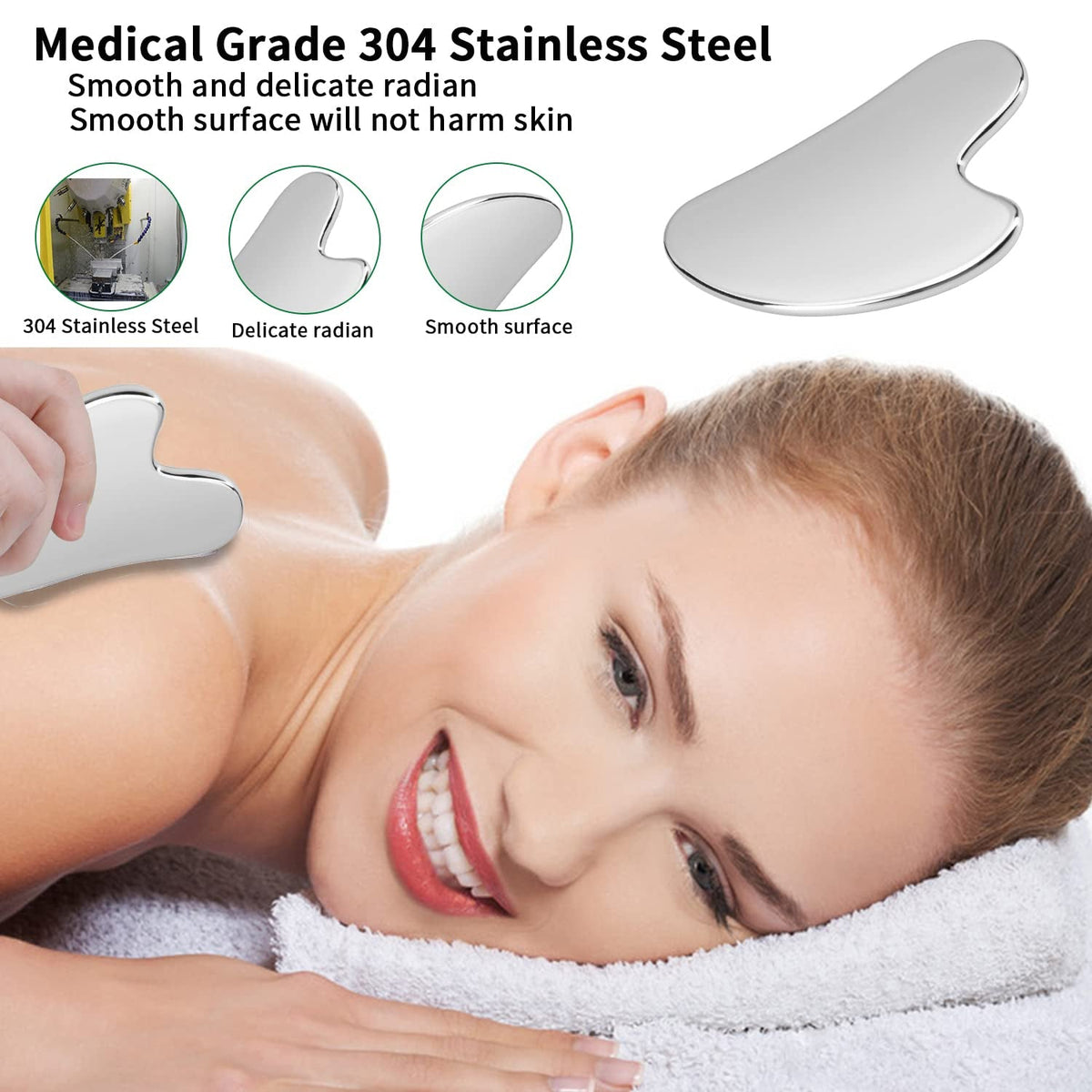 Gua Sha Facial Tools made of polished silver stainless steel with smooth curved edges and ergonomic shape for massage therapy.
