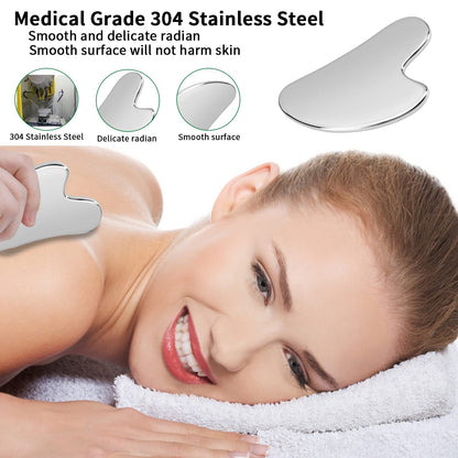Gua Sha Facial Tools made of polished silver stainless steel with smooth curved edges and ergonomic shape for massage therapy.