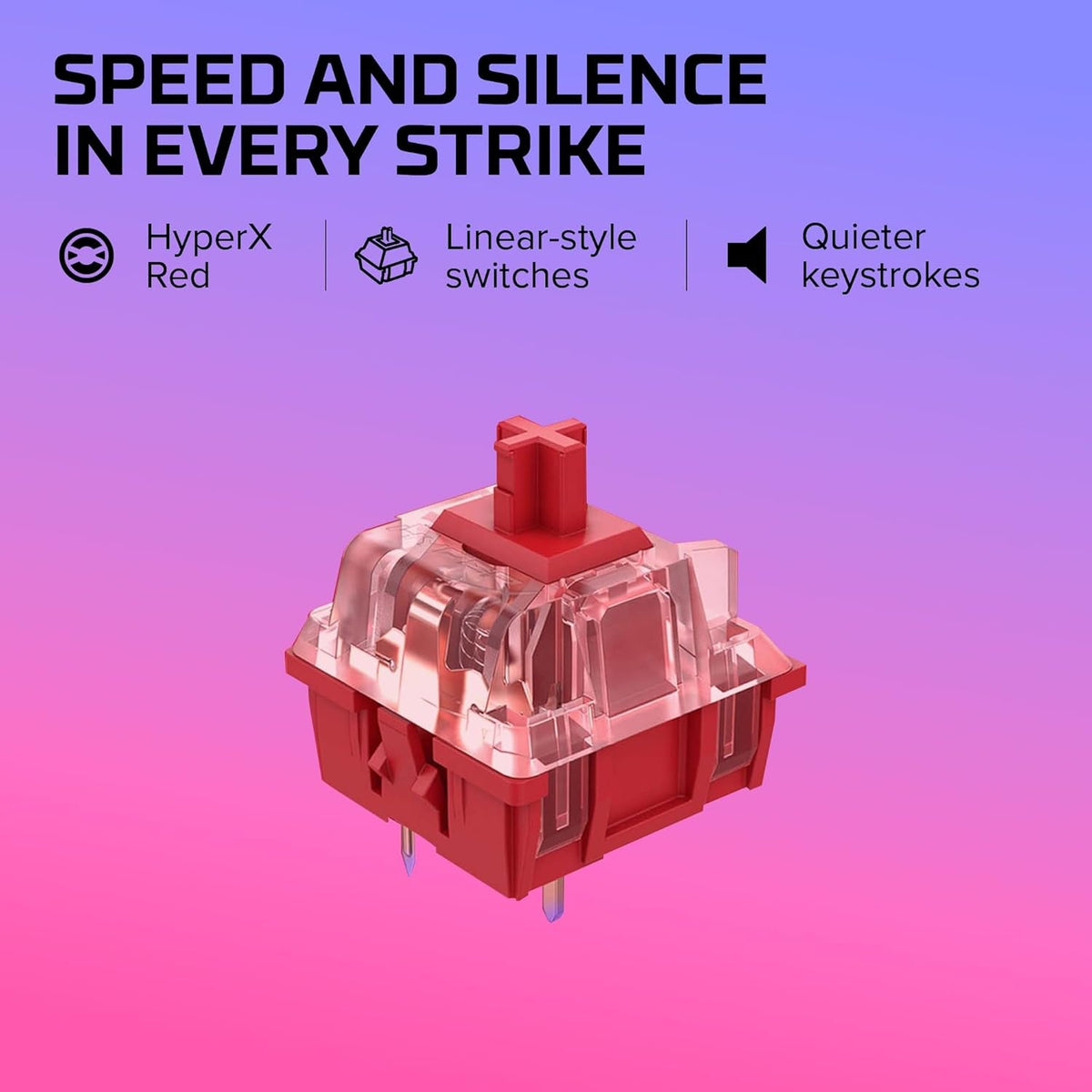 Mechanical keyboard switch in red with clear housing highlighting linear touch and quieter keystrokes for Alloy Origins Core keyboard.