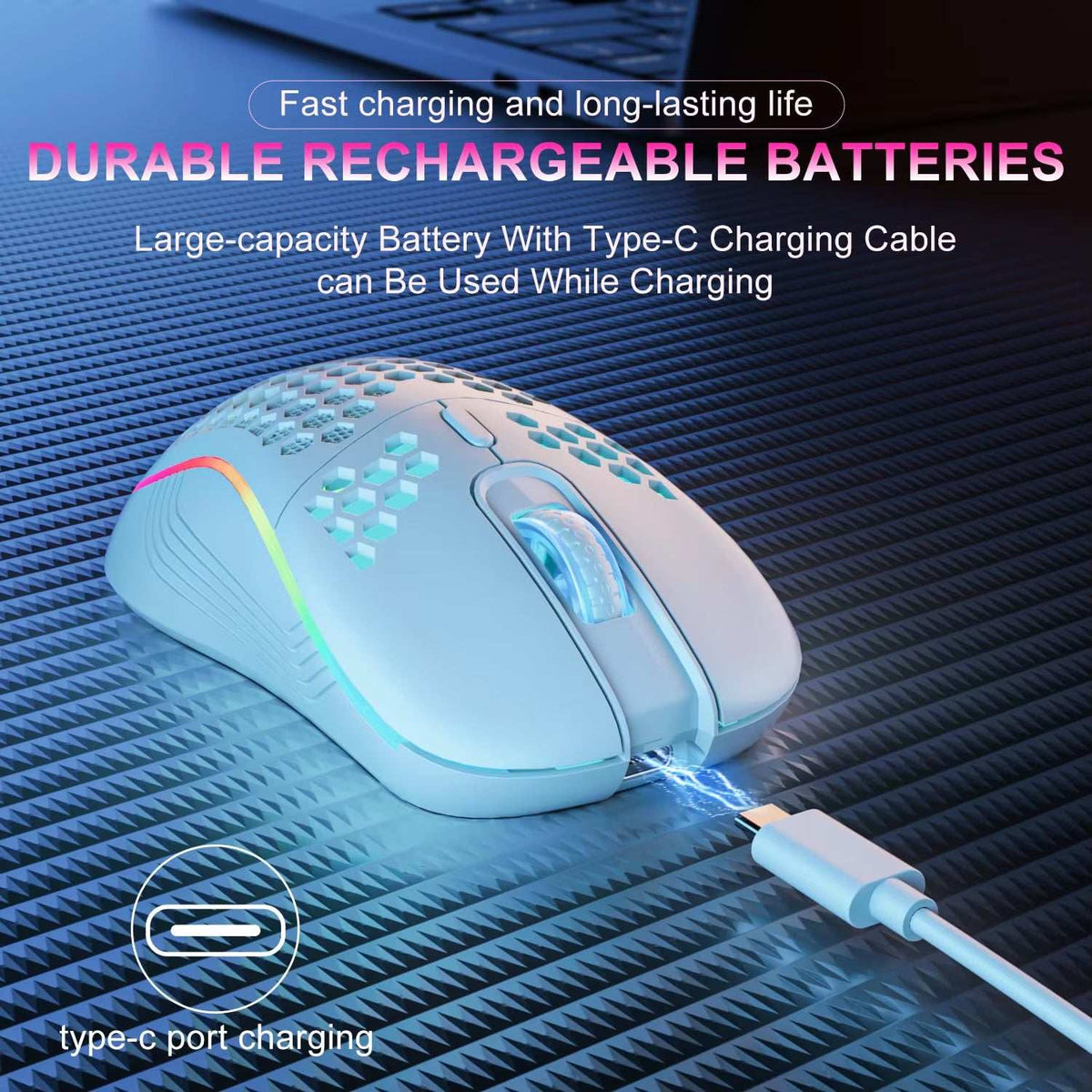 White honeycomb design Wireless Gaming Mouse with RGB backlit edges, 6 buttons, and Type-C rechargeable port showing charging cable connected.