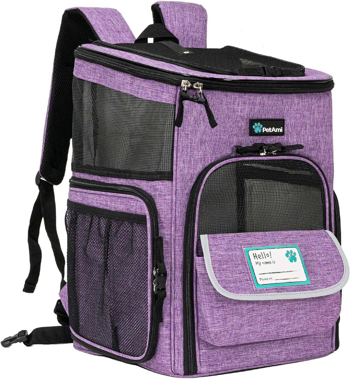 Purple Dog Backpack Carrier made of ventilated soft-sided polyester with mesh windows, front storage pocket, and padded straps.