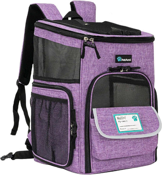 Purple Dog Backpack Carrier made of ventilated soft-sided polyester with mesh windows, front storage pocket, and padded straps.