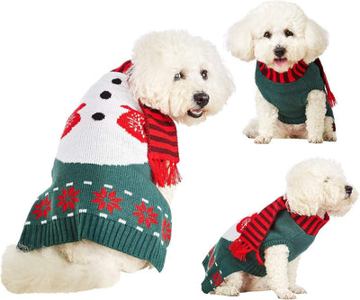 Dog Christmas Sweater featuring a knitted design with green, white, and red colors, snowman pattern, and a striped scarf collar on a small white dog.
