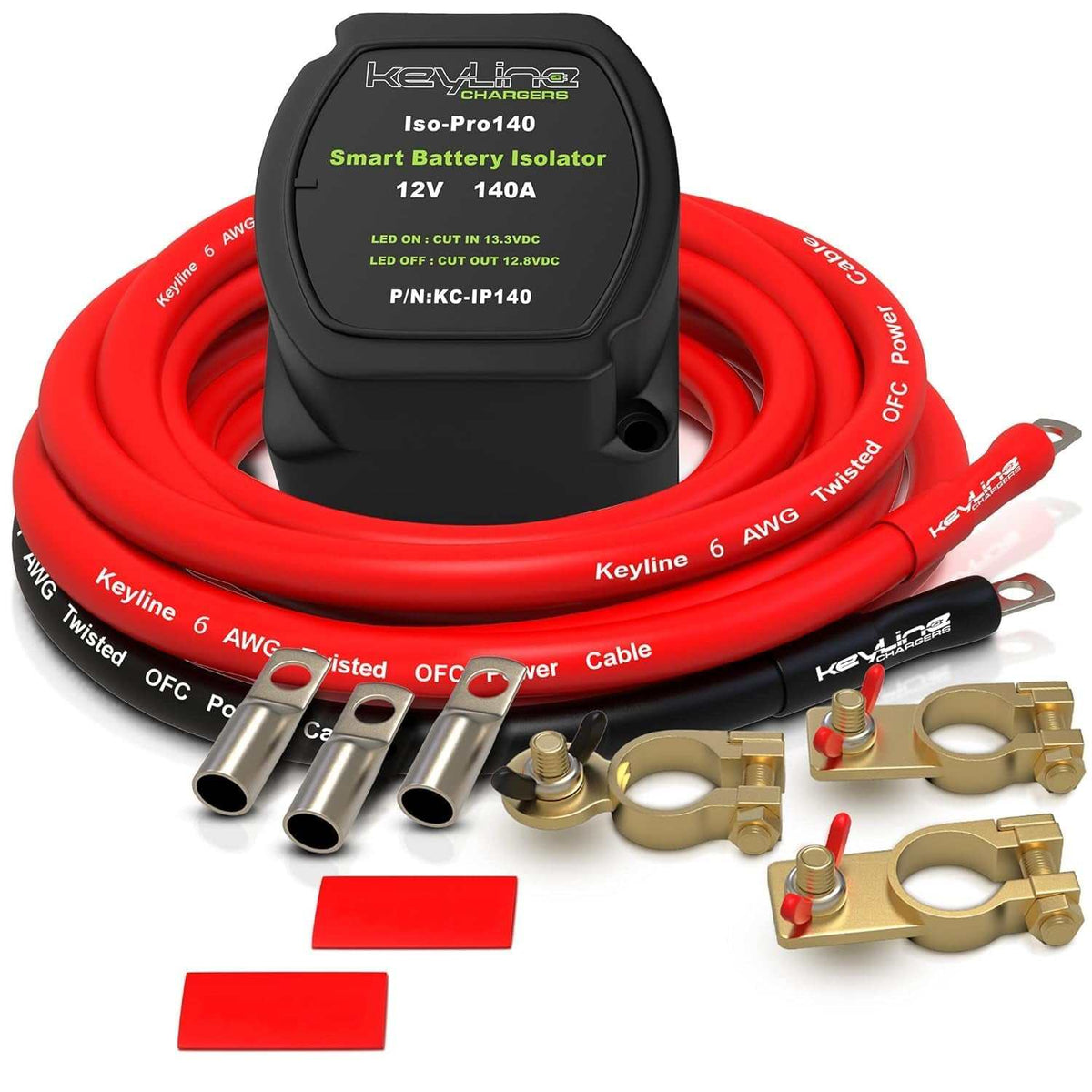 Dual Battery Isolator Kit with black 12V 140A smart isolator unit, red and black heavy-duty cables, and brass battery terminals.