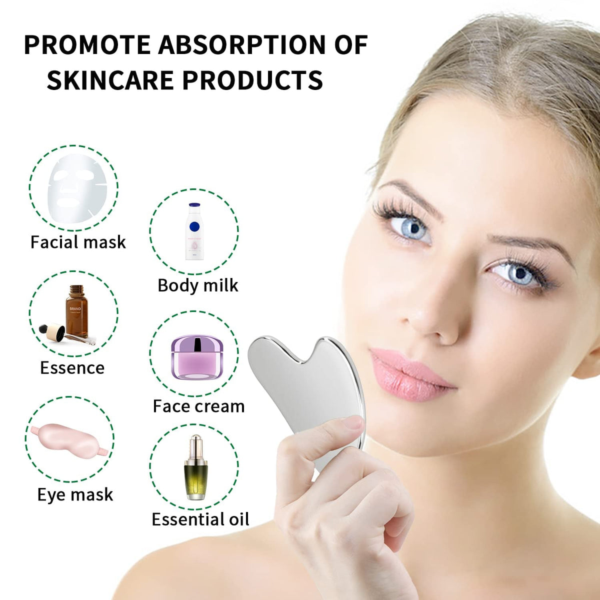 Gua Sha Facial Tools stainless steel heart-shaped, smooth polished surface, held against a woman's face for skincare product absorption.