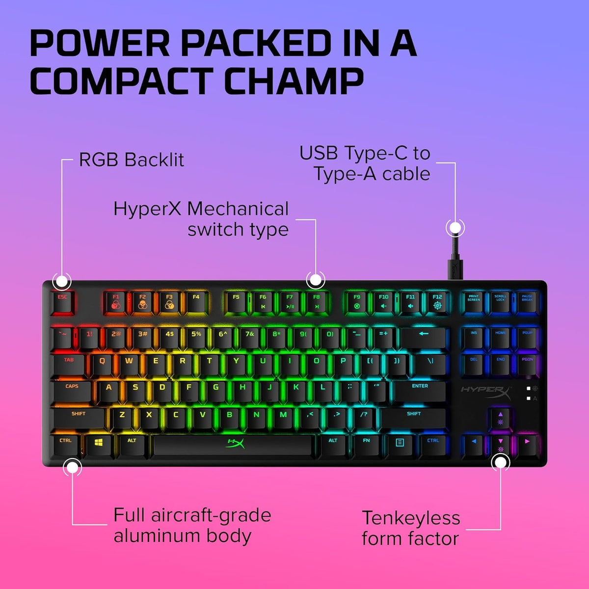 Tenkeyless Alloy Origins Core mechanical gaming keyboard with black aluminum body, RGB backlit keys, and USB Type-C cable.