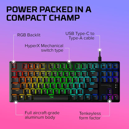 Tenkeyless Alloy Origins Core mechanical gaming keyboard with black aluminum body, RGB backlit keys, and USB Type-C cable.