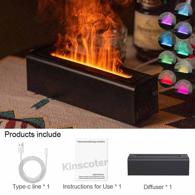 Essential Oil Aroma Diffuser in black rectangular design with realistic flame effect and included USB Type-C cable and instruction manual