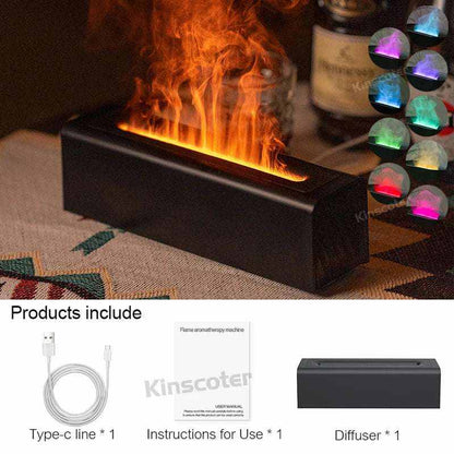 Essential Oil Aroma Diffuser in black rectangular design with realistic flame effect and included USB Type-C cable and instruction manual
