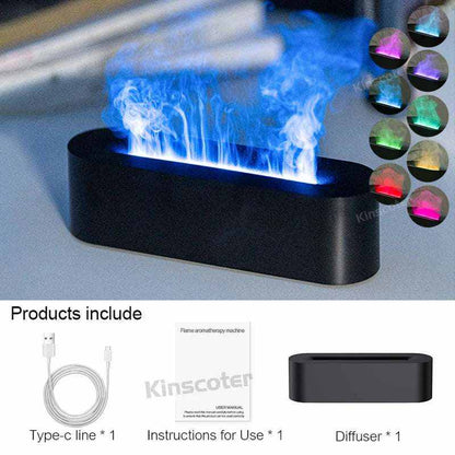 Essential Oil Aroma Diffuser in black with a blue flame effect mist and multiple RGB color options shown in small circles beside it
