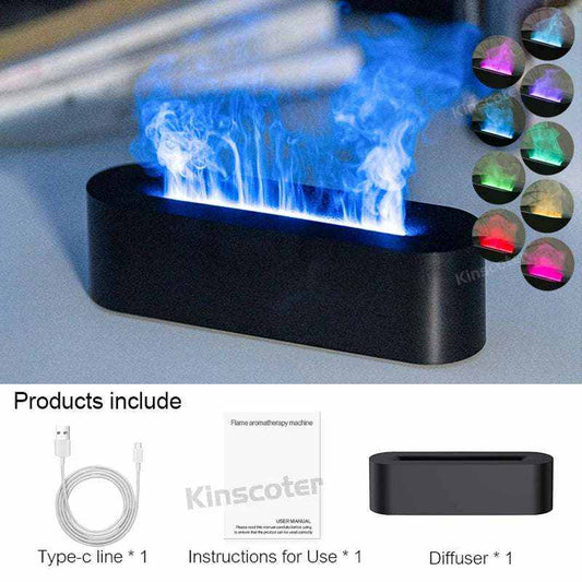 Essential Oil Aroma Diffuser in black with a blue flame effect mist and multiple RGB color options shown in small circles beside it