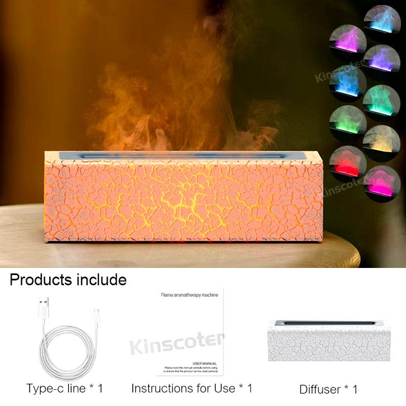 Essential Oil Aroma Diffuser with cracked texture finish, emitting orange flame mist and featuring multiple RGB color night lights