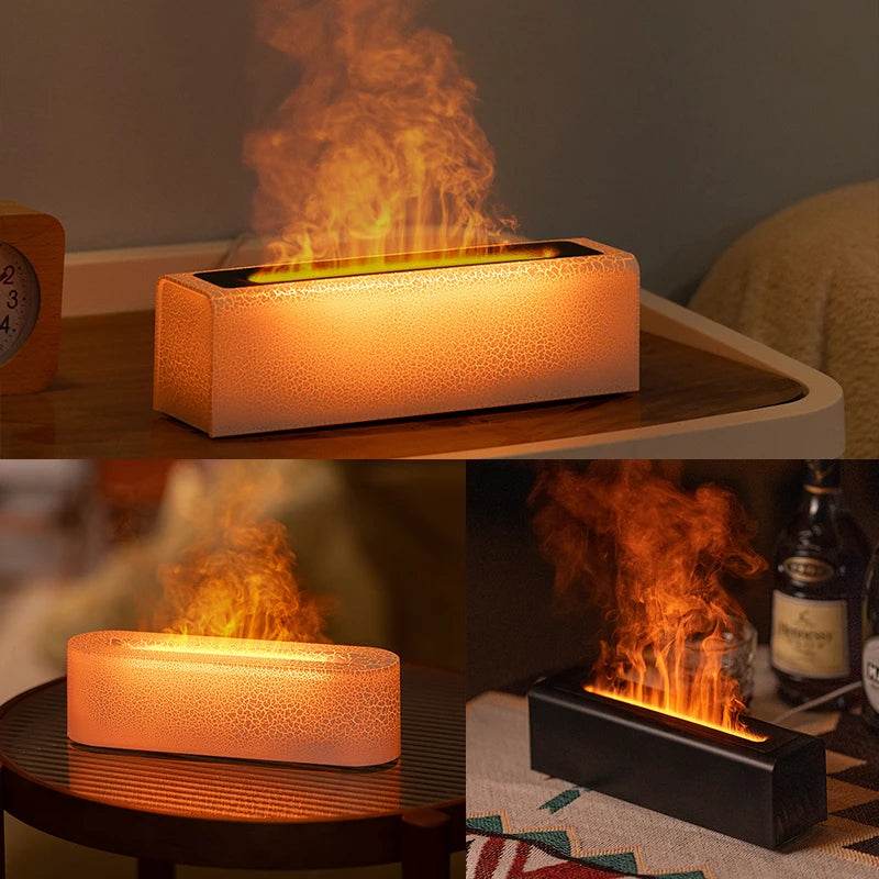 Essential Oil Aroma Diffuser rectangular shape with flame effect, textured orange and smooth black surfaces, emitting mist