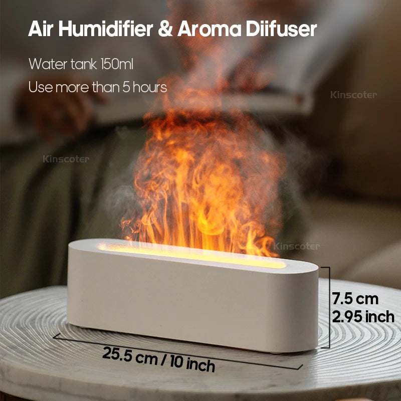 Essential Oil Aroma Diffuser white rectangular shape with realistic flame effect, 150ml capacity, ultrasonic cool mist humidifier