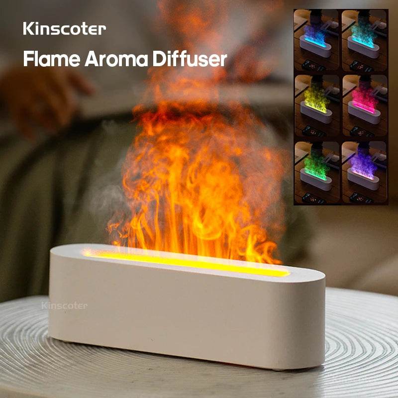 Essential Oil Aroma Diffuser in white plastic with realistic flame effect and RGB colorful ambient lighting on top