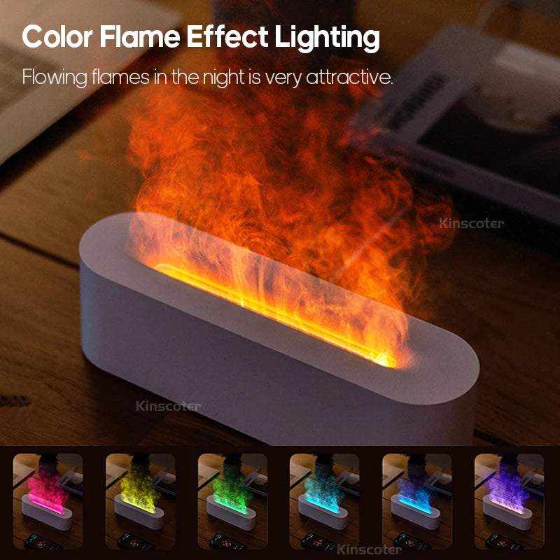 Essential Oil Aroma Diffuser with white rectangular base and realistic multi-color flame effect lighting creating warm ambiance
