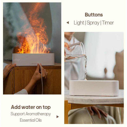 Essential Oil Aroma Diffuser in white rectangular design with realistic orange flame mist effect and easy top water filling feature