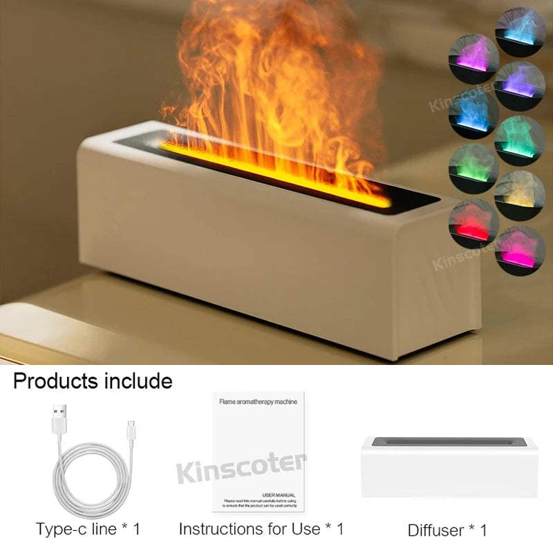 Essential Oil Aroma Diffuser rectangular white ABS plastic ultrasonic cool mist humidifier with realistic flame effect and RGB night light