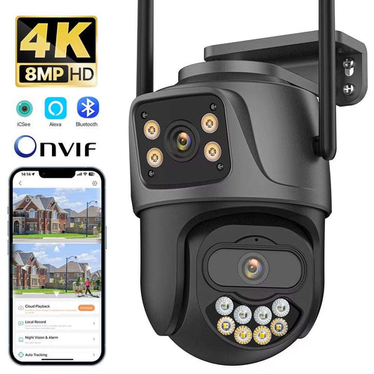 External Wifi PTZ Camera black dual lens 4K 8MP HD outdoor IP camera with antennas and LED lights for night vision.