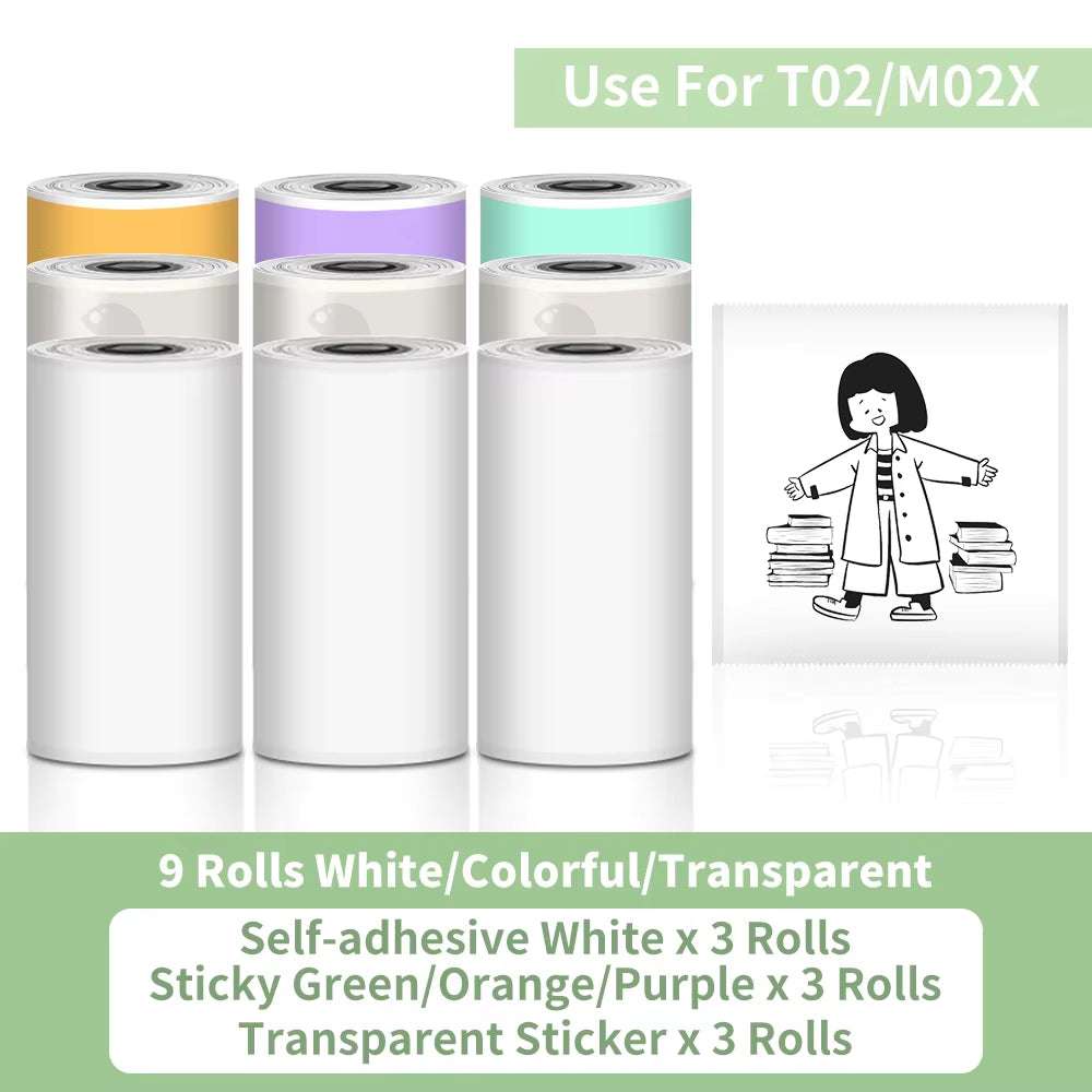 Thermal self-adhesive sticker paper rolls in white, green, orange, purple, and transparent colors for Portable Printer use with clear prints and diverse applications.