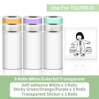 Thermal self-adhesive sticker paper rolls in white, green, orange, purple, and transparent colors for Portable Printer use with clear prints and diverse applications.