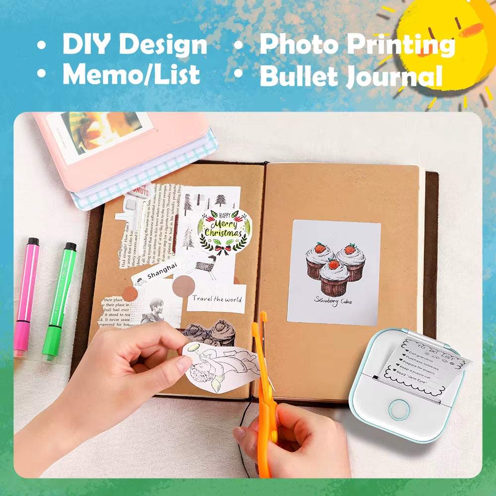 Portable Printer printing black text and illustrations on white self-adhesive sticker paper for DIY journal and notes crafting.