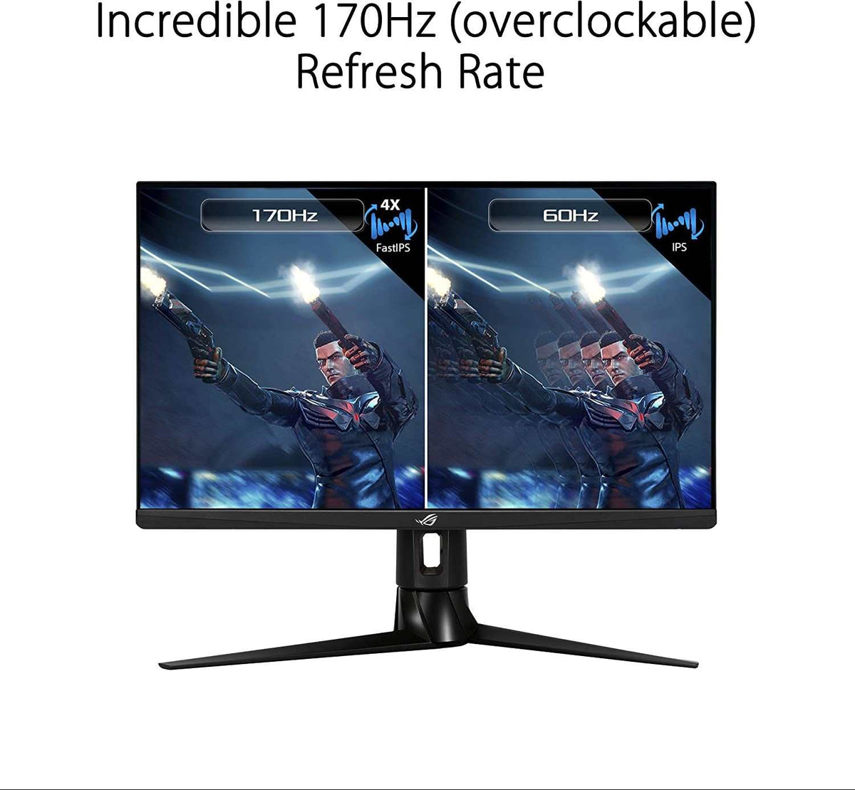 ROG Strix XG27AQ 27-inch black gaming monitor with slim bezels, IPS panel, and a sleek adjustable stand design showing 170Hz and 60Hz refresh rates.