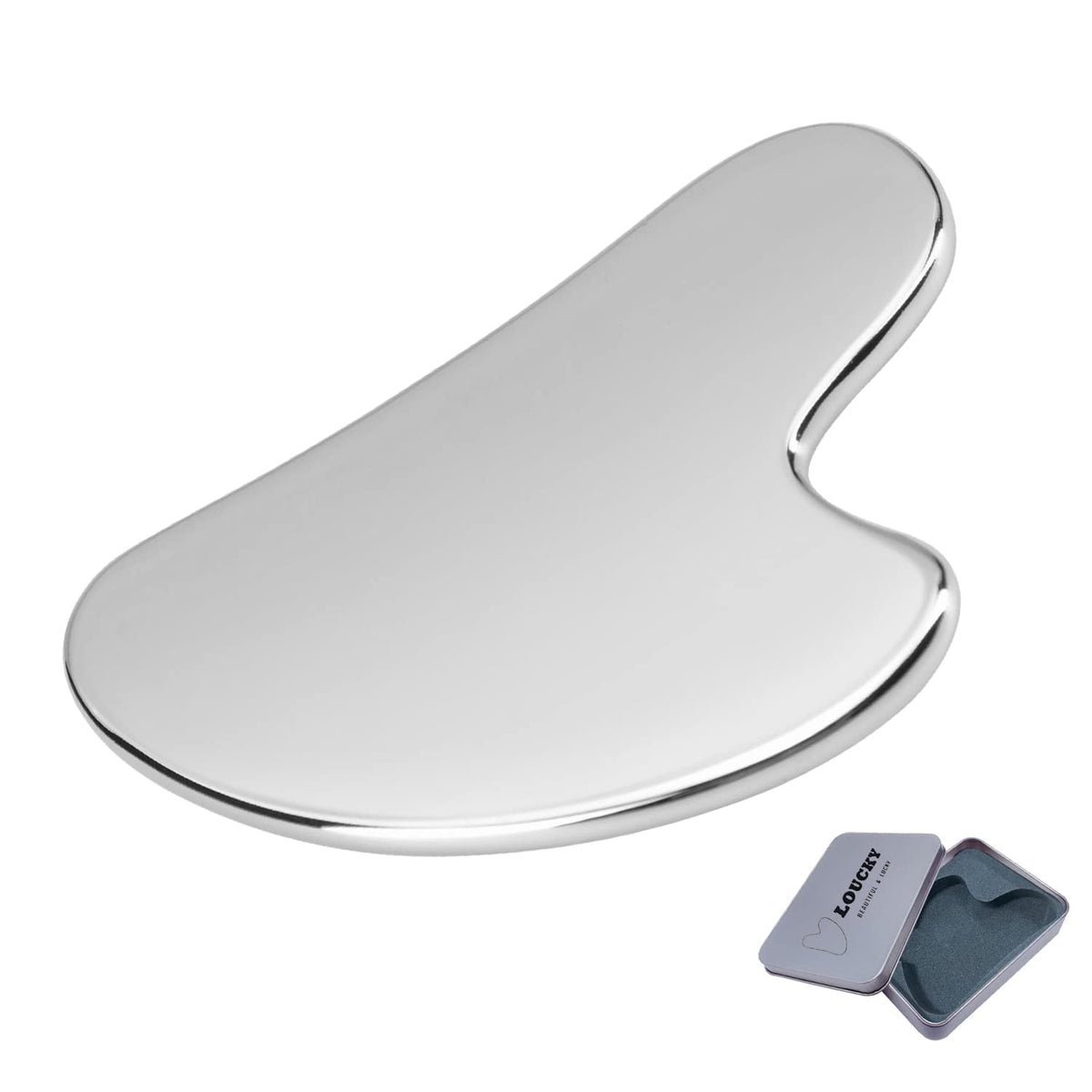 Gua Sha Facial Tools made of polished silver stainless steel with a smooth, ergonomic heart shape and a compact size