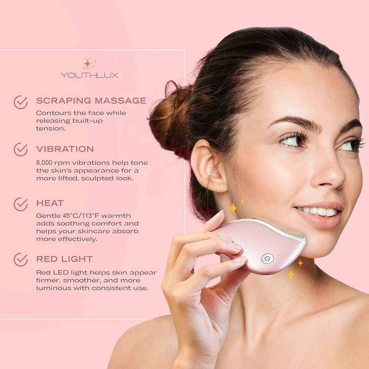 Heated Gua Sha Tool in rose gold with smooth, contoured design held by woman applying it to her face, featuring vibration, heat, and red LED light