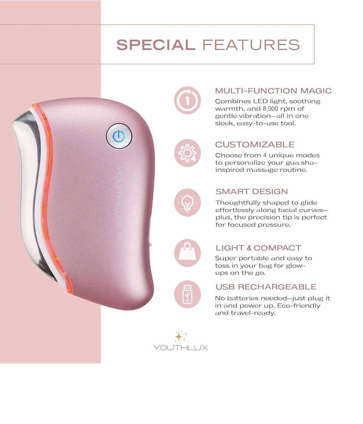 Heated Gua Sha Tool in rose gold with ergonomic contoured design, power button, and smooth surface for facial massage