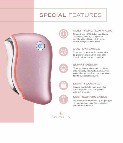 Heated Gua Sha Tool in rose gold with ergonomic contoured design, power button, and smooth surface for facial massage
