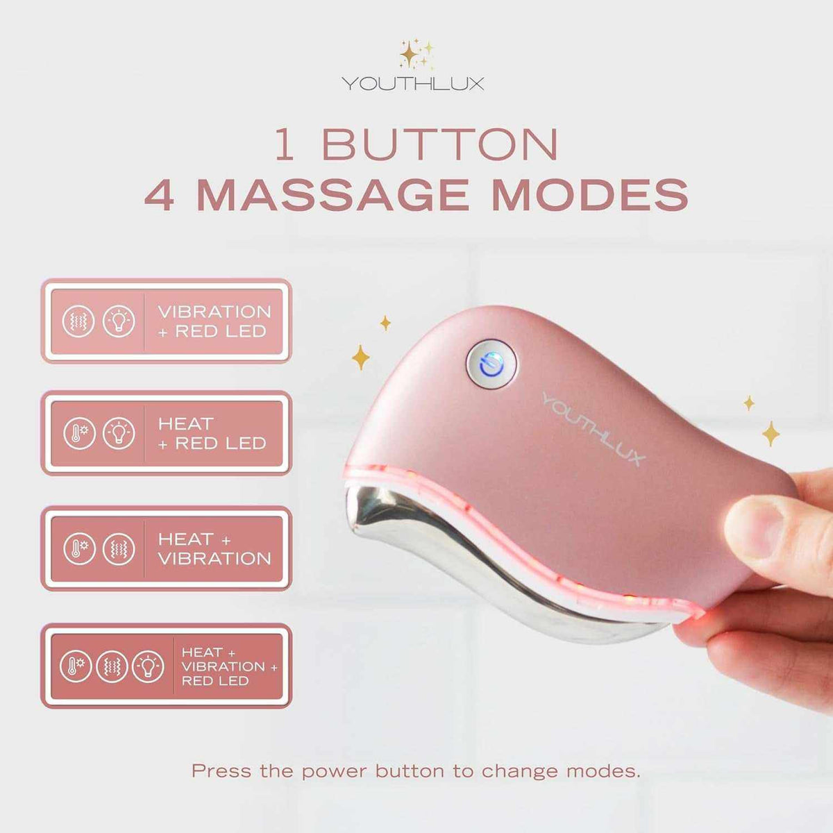 Heated Gua Sha Tool in rose gold with ergonomic contoured shape, featuring a power button and LED indicator for four massage modes