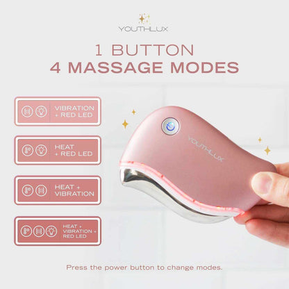 Heated Gua Sha Tool in rose gold with ergonomic contoured shape, featuring a power button and LED indicator for four massage modes
