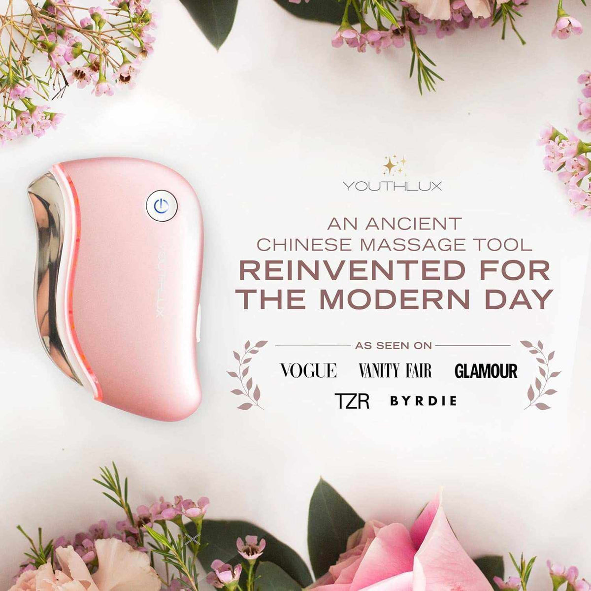 Heated Gua Sha Tool in rose gold with ergonomic curved design, power button, and metallic accents for facial massage