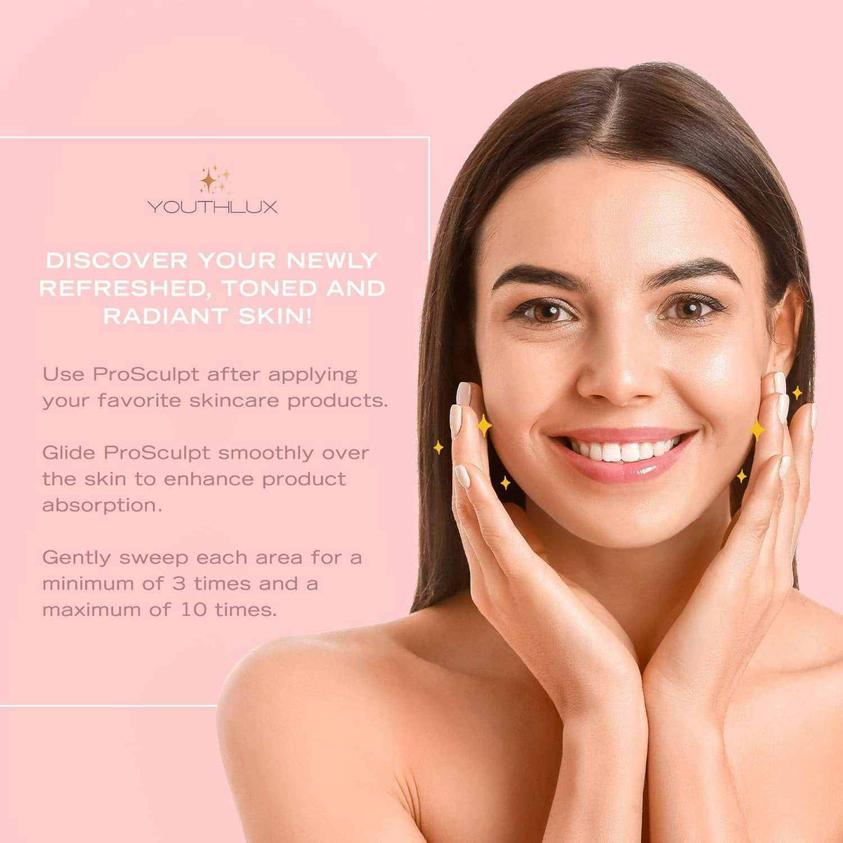 Heated Gua Sha Tool held by smiling woman with clear skin demonstrating facial massage technique for radiant skin enhancement