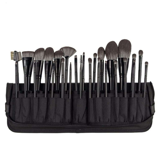 Makeup Brushes Set with black synthetic hair bristles and black handles, arranged in a black fabric roll-up case.