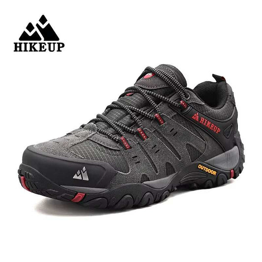 Men's Hiking Shoes in dark grey suede leather with black and red accents, durable and wear-resistant for outdoor use.