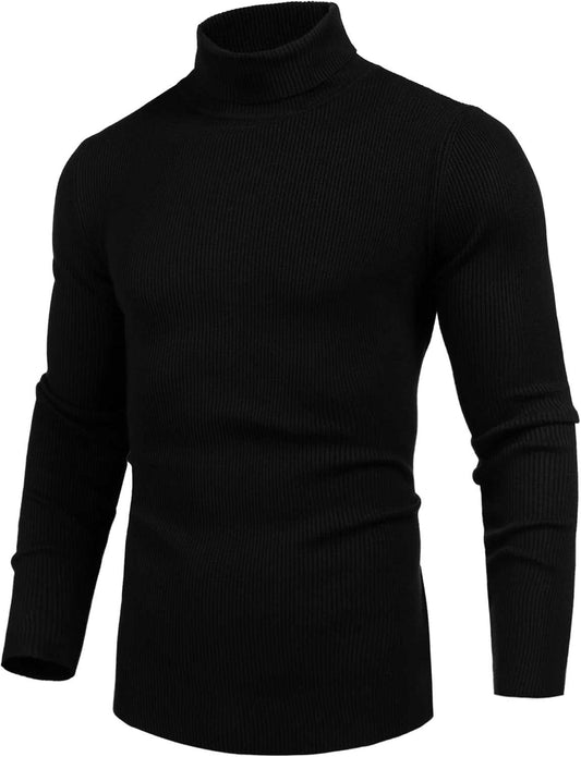 Men's Knitted Ribbed Turtleneck in black with long sleeves and a fitted ribbed texture for a sleek silhouette.