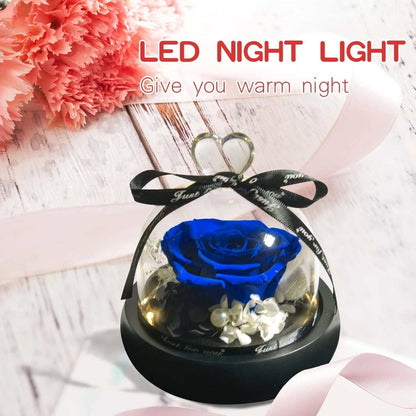 artificial preserved blue rose in glass dome gift box