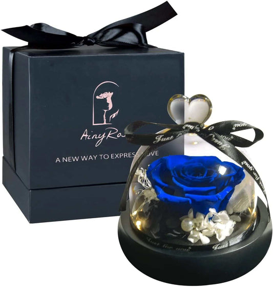 artificial preserved blue rose in glass dome Valentine bouquet