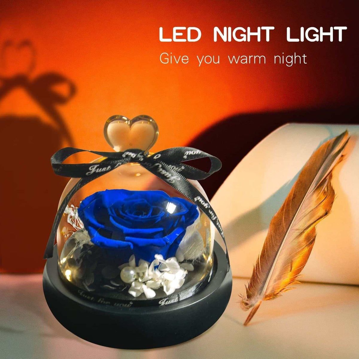 Artificial preserved blue rose bouquet in glass dome gift box