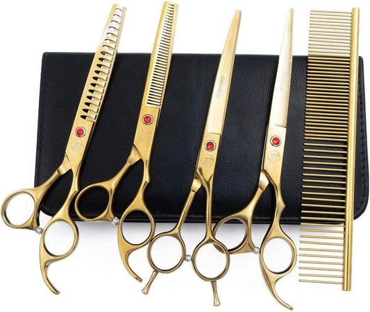 Professional dog grooming scissors set with thinning, curved, chunkers shears and grooming comb