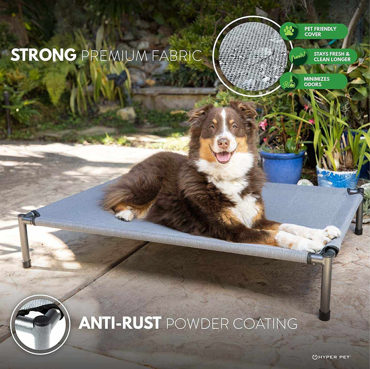 Raised Rest Deluxe elevated dog bed in grey with breathable pet-friendly fabric and anti-rust powder coated frame, outdoor use