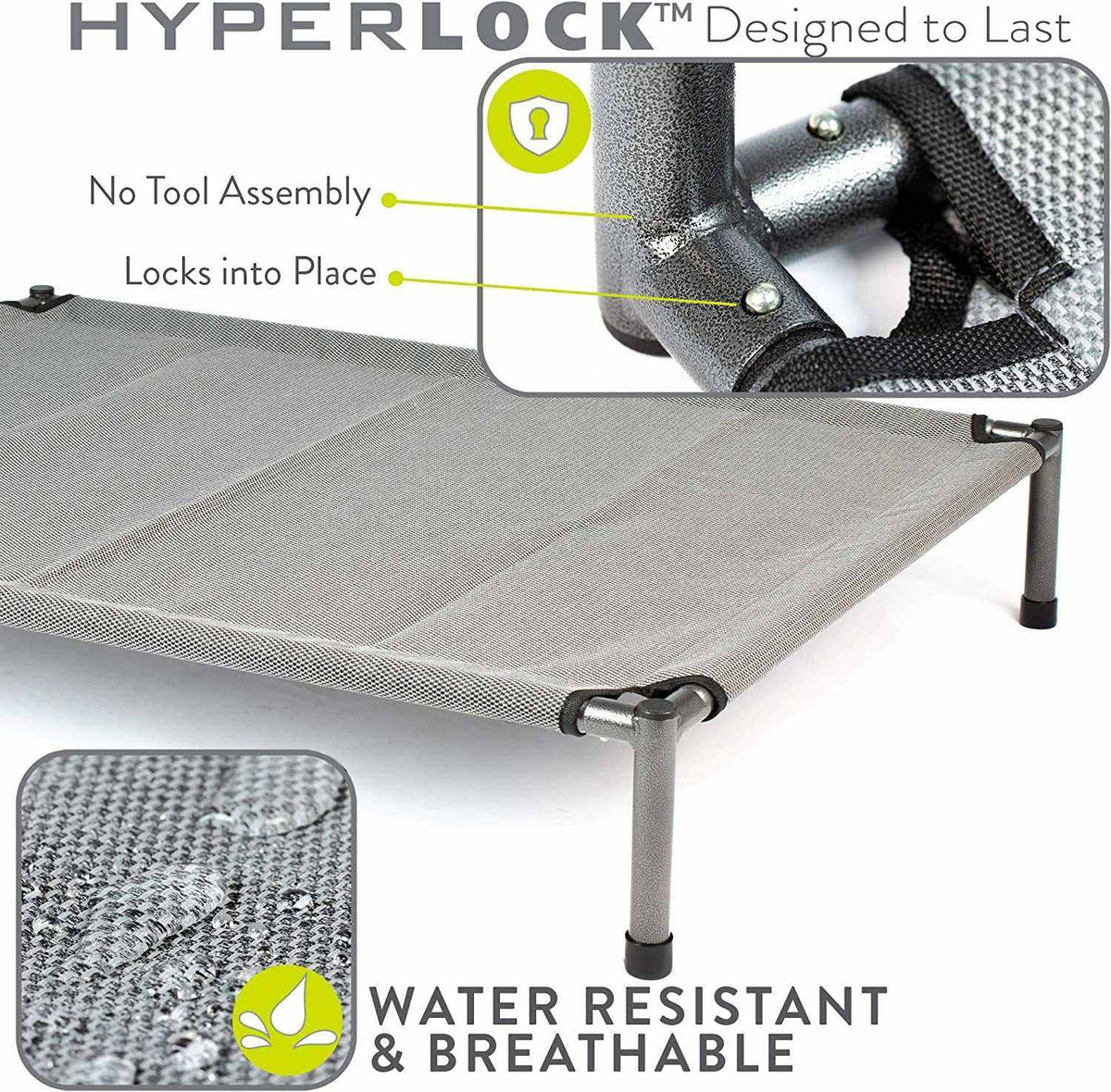 Raised Rest Deluxe elevated dog bed in grey with breathable, water-resistant 600 Denier Oxford fabric and anti-rust powder coated metal frame featuring no tool assembly and locking system