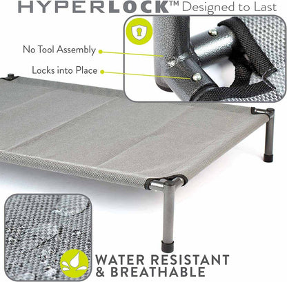 Raised Rest Deluxe elevated dog bed in grey with breathable, water-resistant 600 Denier Oxford fabric and anti-rust powder coated metal frame featuring no tool assembly and locking system