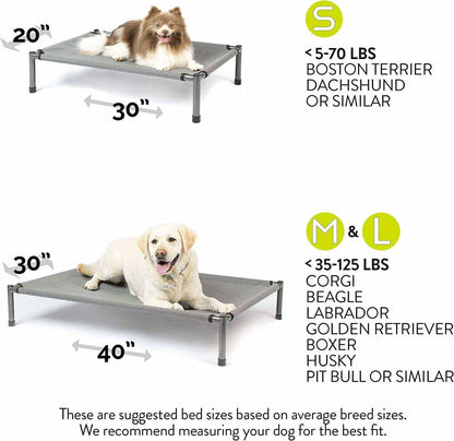 Raised Rest Deluxe elevated dog beds in grey with powder-coated metal frames and breathable fabric, shown with small and medium dog sizes