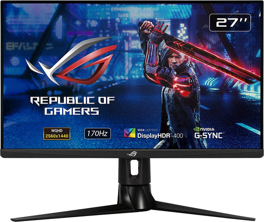 ROG Strix XG27AQ 27-inch black gaming monitor with slim bezels, fast IPS display, and ergonomic stand with cable management slot